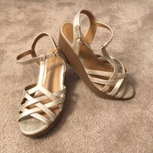 Gold strappy wedge sandals